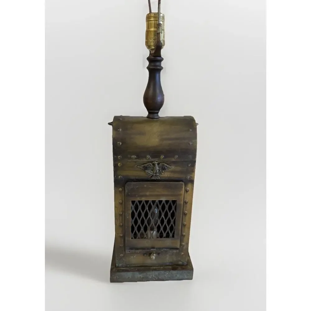 Vintage Gothic Medieval Revival Lantern Table Lamp Brass Wood Eagle 27.5